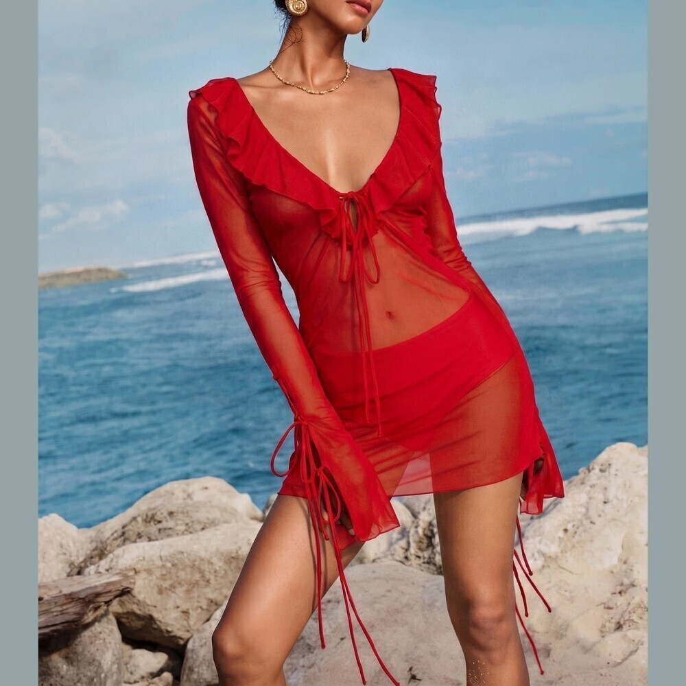 Red Sheer Mesh Ruffle Tie Front Long Sleeve Cover Up Dress